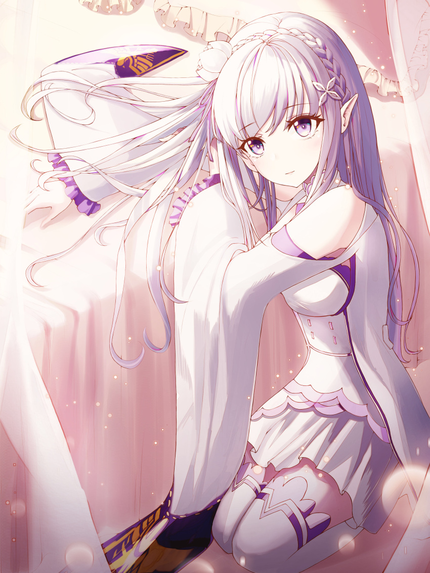 1girl absurdres bed bedroom braid canopy_bed closed_mouth crown_braid curtains emilia_(re:zero) eumi_114 flower frilled_sleeves frills hair_flower hair_ornament highres indoors kneeling long_hair long_sleeves miniskirt pleated_skirt pointy_ears re:zero_kara_hajimeru_isekai_seikatsu shoulder_cutout silver_hair skirt solo thigh-highs very_long_hair violet_eyes white_flower white_legwear white_skirt wide_sleeves zettai_ryouiki