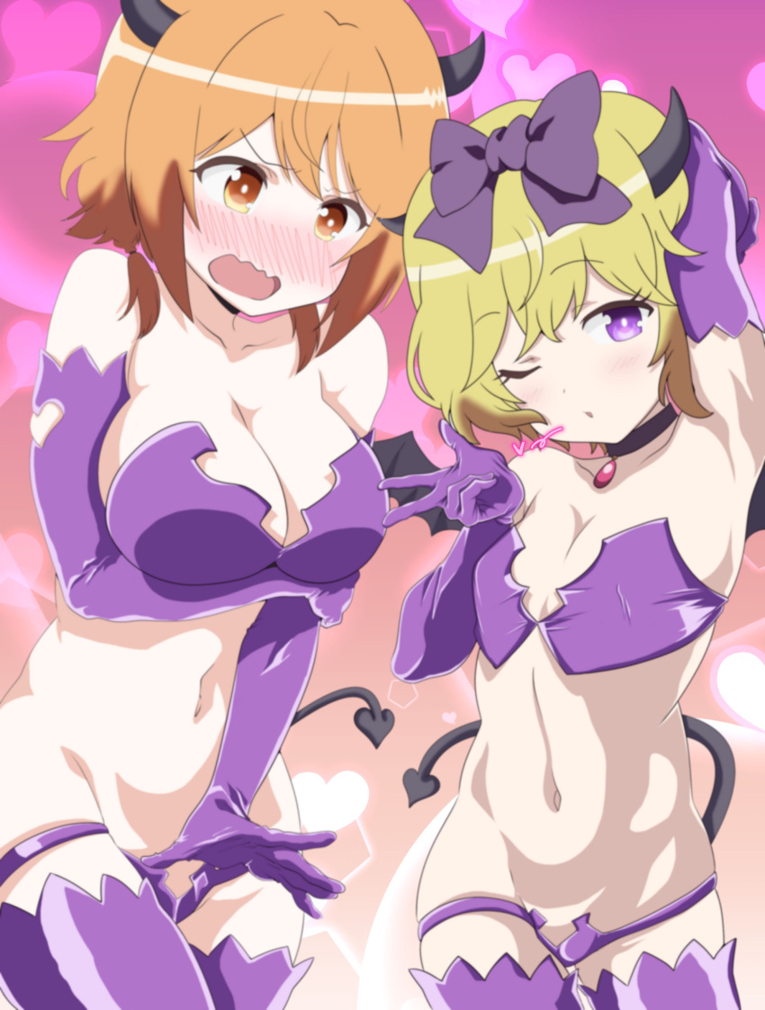2girls absurdres arm_up armpits blonde_hair blush bow breasts brown_eyes brown_hair choker collarbone commentary_request cosplay cowboy_shot demon_horns demon_tail elbow_gloves embarrassed erie_(tonari_no_kyuuketsuki-san) erie_(tonari_no_kyuuketsuki-san)_(cosplay) eyebrows_visible_through_hair fang gloves hair_bow head_tilt heart heart_background highres horns large_breasts looking_at_viewer low_twintails multiple_girls natsuki_hinata navel nose_blush open_mouth purple_bow purple_gloves purple_legwear ramanda short_twintails small_breasts standing tail thigh-highs thigh_strap tonari_no_kyuuketsuki-san twintails violet_eyes w
