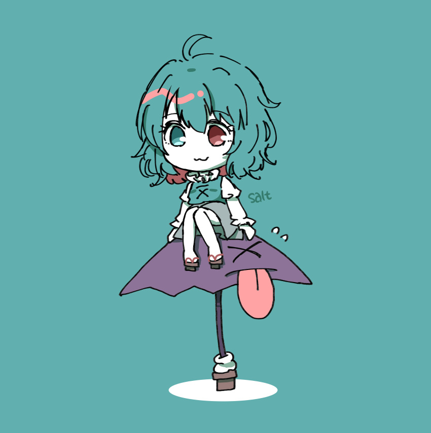 1girl :3 absurdres ahoge aqua_background aqua_eyes aqua_hair aqua_vest artist_name frilled_shirt_collar frilled_sleeves frills geta heterochromia highres juliet_sleeves karakasa_obake long_sleeves one-eyed puffy_sleeves purple_umbrella red_eyes salt_(seasoning) shirt short_hair simple_background socks solo tagme tatara_kogasa touhou umbrella white_shirt