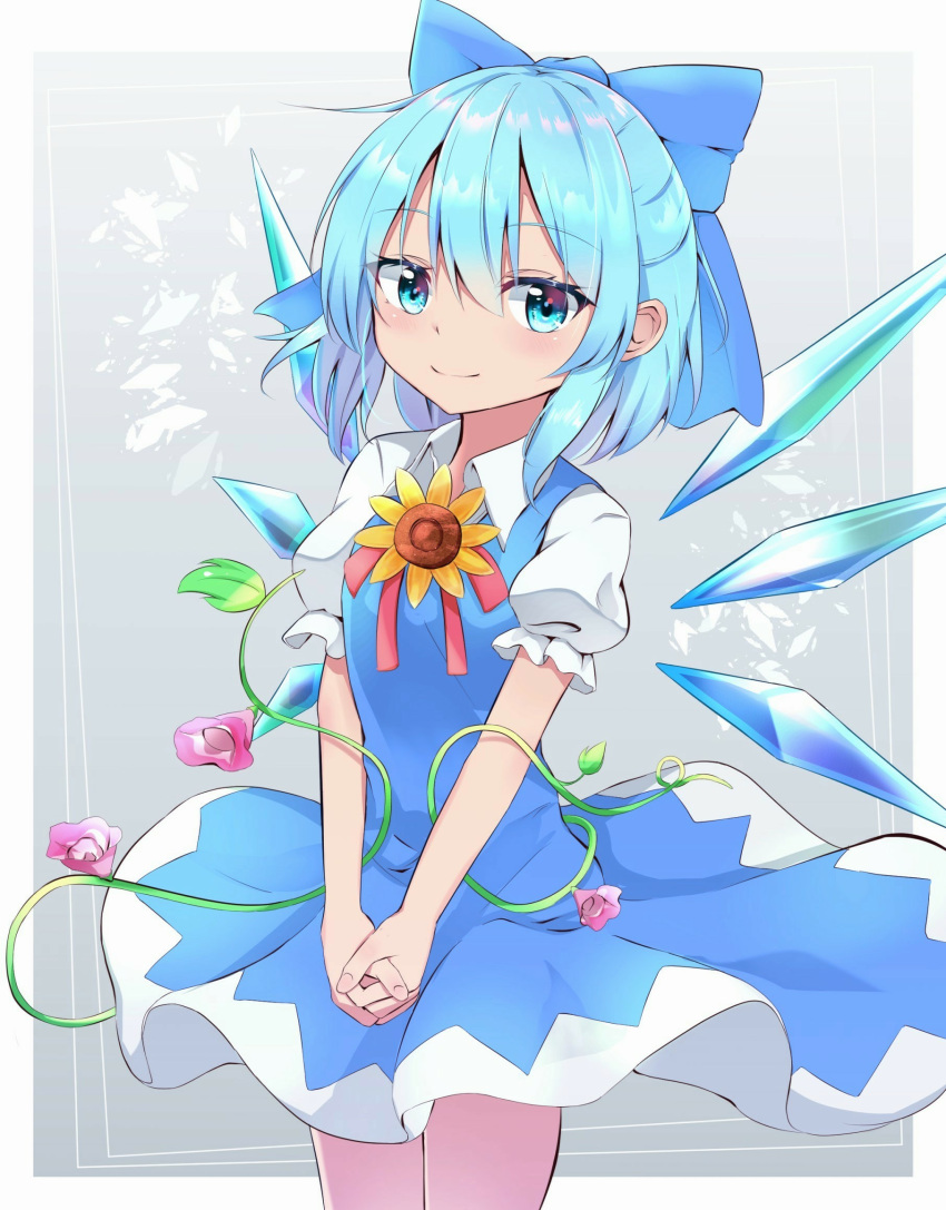 1girl blue_dress blue_eyes blue_hair blush bow cirno commentary_request cowboy_shot dress eyebrows_visible_through_hair flower gradient gradient_background grey_background hair_between_eyes hair_bow hands_clasped highres interlocked_fingers iyo_(ya_na_kanji) looking_at_viewer morning_glory own_hands_together pinafore_dress plant puffy_short_sleeves puffy_sleeves shirt short_hair short_sleeves smile solo standing sunflower tanned_cirno touhou v_arms vines white_shirt wing_collar wings