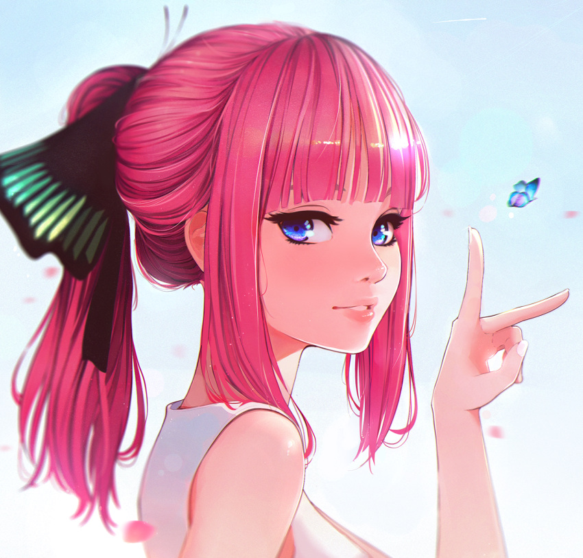 1girl bangs blue_eyes blunt_bangs blush bug butterfly go-toubun_no_hanayome hair_ornament hand_up hanr10 highres index_finger_raised insect long_hair looking_at_viewer nakano_nino parted_lips pink_hair ponytail ribbon shirt sidelocks simple_background sleeveless solo upper_body white_shirt