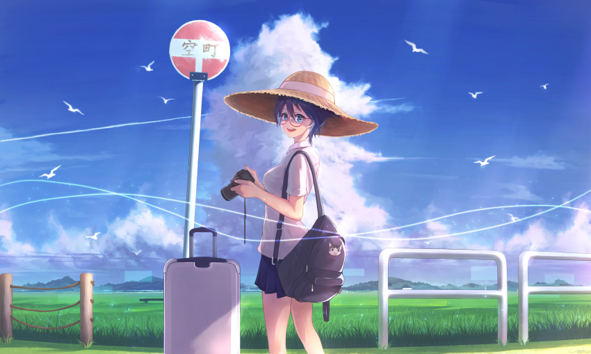 1girl :d absurdres backpack bag bird black_hair blue_eyes blue_sky camera clouds cloudy_sky commentary_request glasses hat highres holding horizon jun_wei looking_at_viewer mountain open_mouth original pleated_skirt road_sign rolling_suitcase scenery school_uniform short_hair sign single-lens_reflex_camera skirt sky smile solo straw_hat sun_hat translation_request