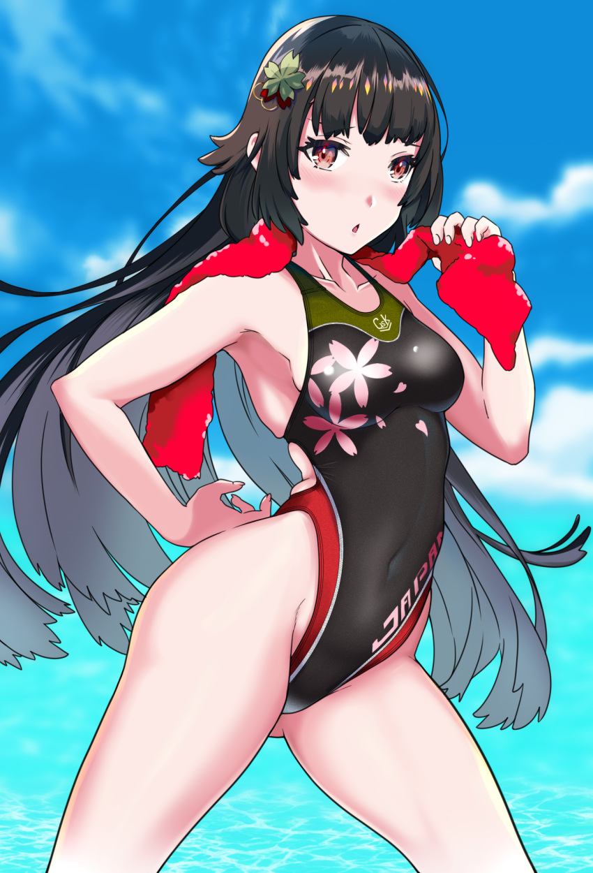 1girl aiuchi black_hair black_swimsuit blue_sky blush breasts clouds collarbone competition_swimsuit covered_navel cowboy_shot day eyebrows_visible_through_hair girls_frontline highleg highleg_swimsuit highres long_hair looking_at_viewer one-piece_swimsuit outdoors red_eyes red_towel sky small_breasts solo standing swimsuit type_100_(girls_frontline)