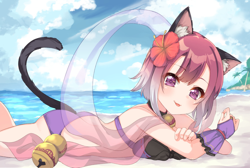 1girl :p animal_ears ass bangs bikini blue_sky blush bridal_gauntlets brown_hair cat_ears cat_girl cat_tail character_request closed_mouth clouds cloudy_sky commentary_request day eyebrows_visible_through_hair flower gradient_hair grey_hair hagoromo hair_flower hair_ornament hibiscus highres horizon looking_at_viewer looking_to_the_side lying multicolored_hair ocean on_stomach outdoors princess_connect! princess_connect!_re:dive purple_bikini redhead ribbon-trimmed_bikini ribbon_trim see-through shawl sky smile solo suzu_(minagi) swimsuit tail tail_raised tongue tongue_out violet_eyes