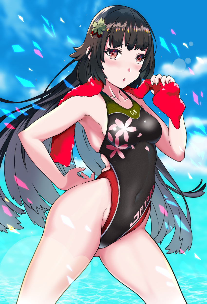 1girl aiuchi black_hair black_swimsuit blue_sky blush breasts clouds collarbone commentary_request competition_swimsuit covered_navel cowboy_shot day eyebrows_visible_through_hair girls_frontline highleg highleg_swimsuit highres lens_flare long_hair looking_at_viewer one-piece_swimsuit outdoors red_eyes red_towel sky small_breasts solo standing swimsuit type_100_(girls_frontline)