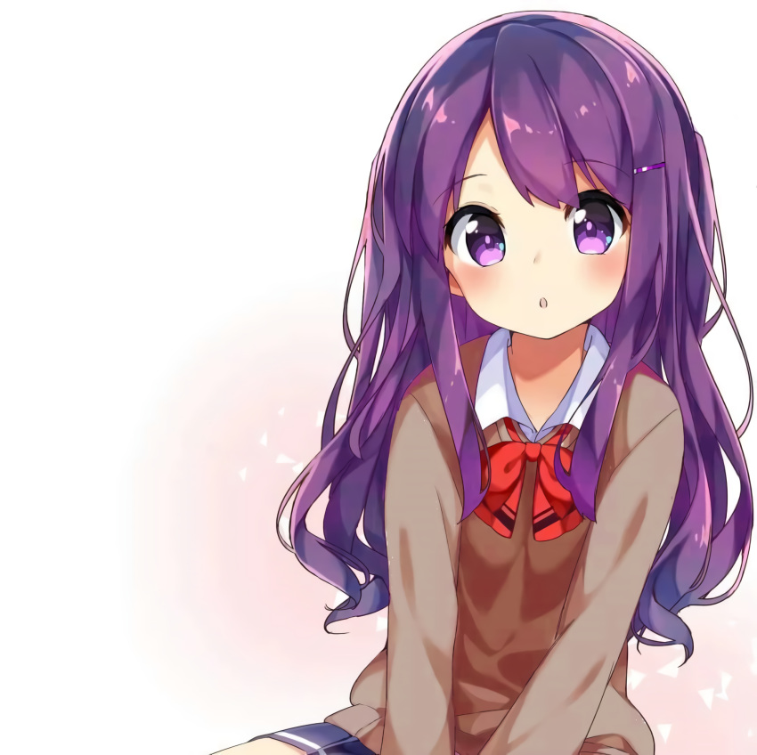 1girl :o blue_skirt blush cardigan child collared_shirt doki_doki_literature_club english_commentary eyebrows_visible_through_hair hair_ornament hairclip head_tilt highres hyakkimaru_(user_kdcg8485) long_hair looking_at_viewer open_mouth pleated_skirt purple_hair red_neckwear school_uniform shirt skirt solo violet_eyes white_shirt wing_collar younger yuri_(doki_doki_literature_club)