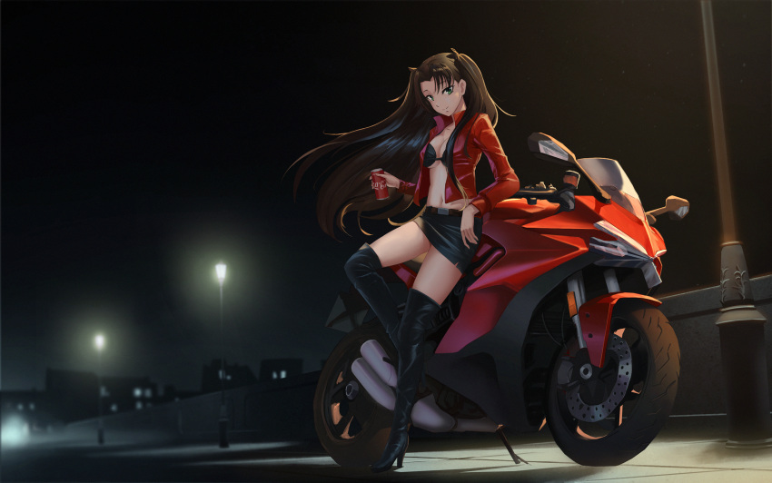 1girl adapted_costume bangs belt black_bikini_top black_footwear black_hair black_legwear black_ribbon black_skirt boots breasts can city coca-cola fate/stay_night fate_(series) gan-viking green_eyes ground_vehicle hair_ribbon high_heel_boots high_heels highres holding holding_can jacket lamppost leaning_back leather leather_jacket long_hair long_sleeves looking_at_viewer medium_breasts miniskirt motor_vehicle motorcycle navel night open_clothes open_jacket parted_bangs red_jacket ribbon skirt smile soda_can solo thigh-highs thigh_boots toosaka_rin two_side_up very_long_hair wind zettai_ryouiki