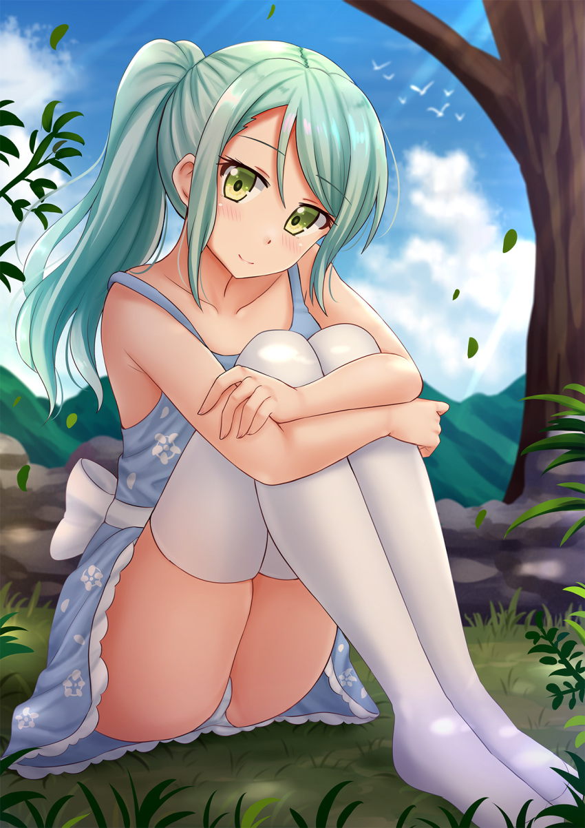 1girl bang_dream! bangs bare_arms bare_shoulders blue_dress blue_sky blurry blurry_background blush closed_mouth clouds cloudy_sky commentary day depth_of_field dress english_commentary eyebrows_visible_through_hair green_eyes green_hair hair_between_eyes highres hikawa_sayo kazenokaze knees_up leg_hug long_hair mountain no_shoes outdoors panties ponytail revision sidelocks sky sleeveless sleeveless_dress smile solo strap_slip thigh-highs tree underwear white_legwear white_panties