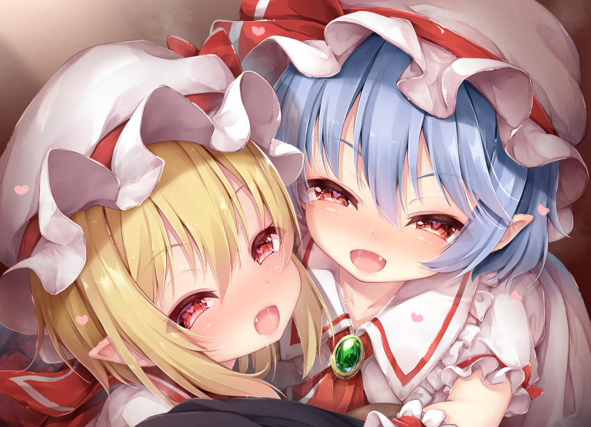 2girls absurdres ascot blonde_hair blue_hair brooch dress fang fantia_reward flandre_scarlet hair_between_eyes hat hat_ribbon heart heart-shaped_pupils highres huge_filesize jewelry looking_at_viewer medium_hair mob_cap multiple_girls open_mouth paid_reward pointy_ears red_eyes red_neckwear red_ribbon remilia_scarlet ribbon saliva short_hair short_sleeves siblings sisters sorairo_len squinting symbol-shaped_pupils touhou white_dress