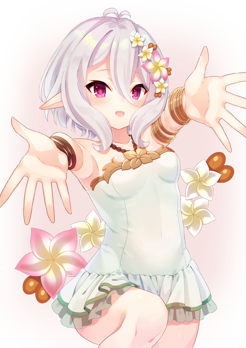 1girl :d absurdres armpits bracelet breasts flower hair_between_eyes hair_flower hair_ornament highres jewelry kokkoro_(princess_connect!) one-piece_swimsuit open_mouth princess_connect! princess_connect!_re:dive reaching_out shiorin1910 short_hair silver_hair smile solo swimsuit violet_eyes