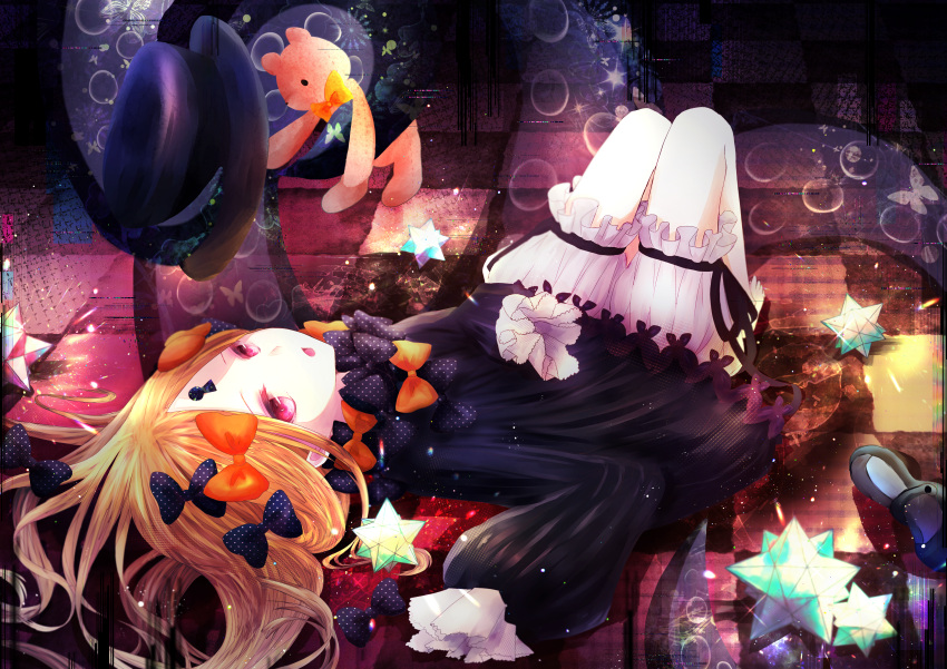 1girl abigail_williams_(fate/grand_order) absurdres black_bow black_dress black_ribbon blonde_hair bow checkered checkered_floor dress fate/grand_order fate_(series) hair_bow highres huge_filesize long_hair lying mel-melty multiple_hair_bows on_back open_mouth orange_bow polka_dot polka_dot_bow red_eyes ribbon short_dress short_shorts shorts shorts_under_dress sleeves_past_fingers sleeves_past_wrists solo stuffed_animal stuffed_toy teddy_bear white_shorts