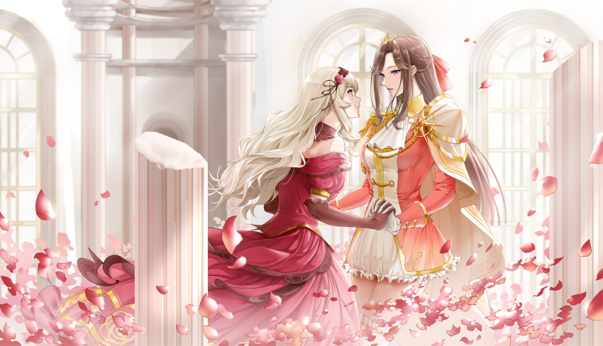 2girls bare_shoulders blonde_hair brown_hair cape column commentary commentary_request cravat crown de_mo_ne dress elbow_gloves epaulettes eye_contact gloves hair_ribbon hairband highres holding_hands indoors lips long_hair looking_at_another military military_uniform multiple_girls parted_lips petals pillar profile red_dress red_eyes red_gloves ribbon saijou_claudine shoujo_kageki_revue_starlight smile tendou_maya thigh-highs uniform violet_eyes white_cape white_gloves wind window yuri