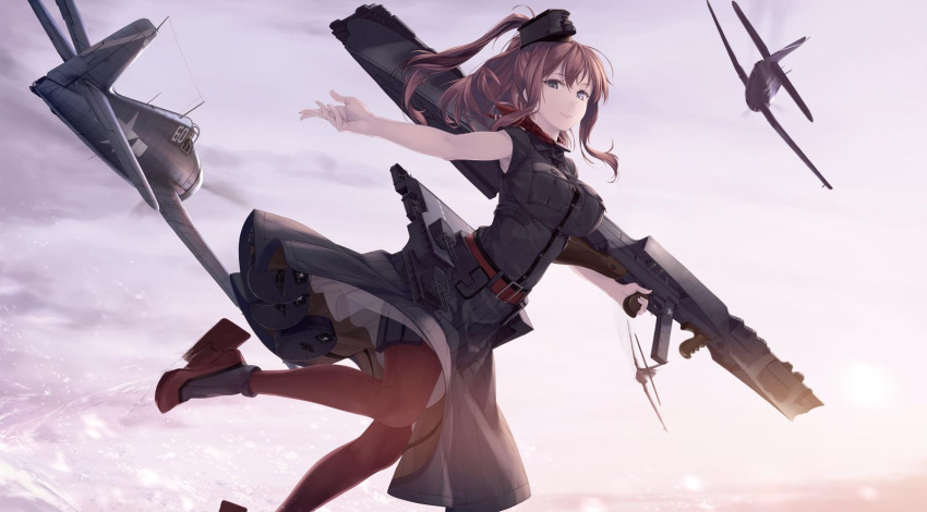 1girl battle_effectiveness_award black_dress blue_eyes breast_pocket brown_hair cannon commentary_request dress fingerless_gloves flight_deck gloves gun hair_between_eyes hair_ornament highres kantai_collection machinery magazine_(weapon) neckerchief pocket ponytail red_legwear red_neckwear remodel_(kantai_collection) rokuwata_tomoe saratoga_(kantai_collection) side_ponytail sidelocks smokestack submachine_gun thompson_submachine_gun turret weapon