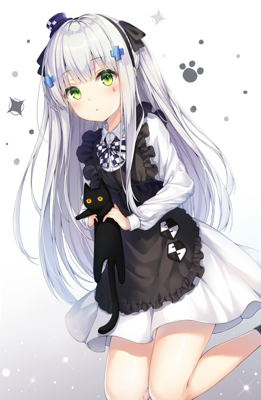 1girl :&lt; absurdres animal apron bare_legs black_apron black_cat blush carrying cat closed_mouth cross_hair_ornament dangmyo dress facial_mark frilled_apron frills girls_frontline gradient gradient_background green_eyes hair_ornament hairband half_updo hat highres hk416_(girls_frontline) legs_up long_hair long_sleeves looking_at_viewer mini_hat sidelocks silver_hair socks solo thighs tilted_headwear very_long_hair white_dress