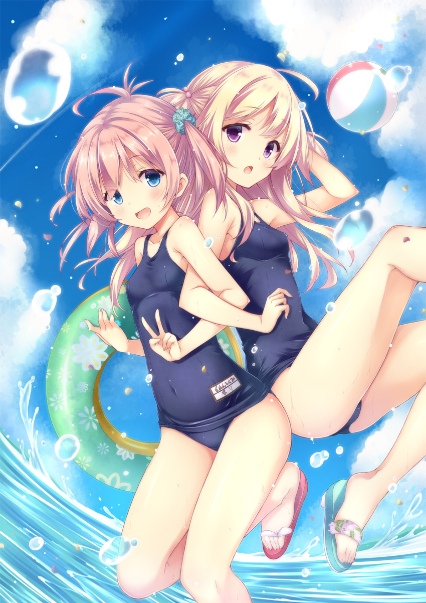 2girls :d ahoge arm_up ass ball bare_arms bare_shoulders beachball blonde_hair blue_eyes blue_sky blue_swimsuit breasts clouds cloudy_sky commentary_request condensation_trail covered_navel day hair_bobbles hair_ornament highres innertube knee_up locked_arms long_hair looking_at_viewer multiple_girls name_tag one-piece_swimsuit one_side_up open_mouth original outdoors petals pink_hair ryo school_swimsuit sky slippers small_breasts smile swimsuit thighs v violet_eyes water wet