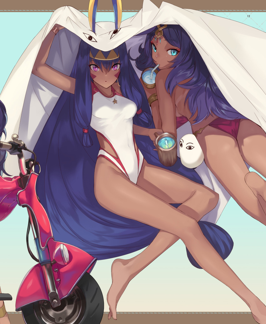 2girls absurdres animal_ears ass backboob bikini blush breasts character_request fate/grand_order fate_(series) food fruit ground_vehicle hair_between_eyes highres jackal_ears lying medium_breasts medjed motor_vehicle multiple_girls nitocris_(fate/grand_order) ohland on_stomach one-piece_swimsuit one_eye_closed purple_hair scooter sideboob strawberry swimsuit tan tanline the_pose violet_eyes