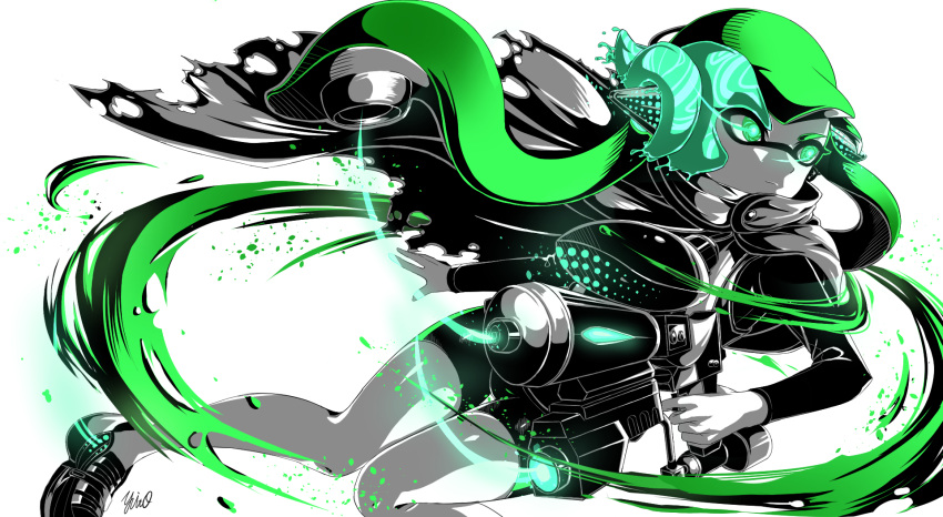 1girl artist_name bangs bike_shorts blunt_bangs brainwashing cape closed_mouth commander_tartar commentary domino_mask frown glowing glowing_eyes green_eyes green_hair green_theme headgear hero_shot_(splatoon) highres holding holding_weapon inkling light_particles long_hair long_sleeves mask paint_splatter shirt shoes signature solo splatoon_(series) splatoon_1 splatoon_2 splatoon_2:_octo_expansion squidbeak_splatoon standing tentacle_hair thigh_gap torn_cape torn_clothes vest weapon yuito_(yuitokobunasbs0)