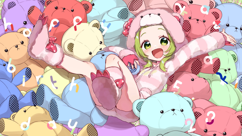 1girl :d animal_ears bangs bear_ears bear_hood blush drawstring fake_animal_ears fingernails forehead full_body green_eyes green_hair happy_birthday hood hood_up hooded_jacket jacket long_sleeves morinaka_kazaki nijisanji open_mouth outstretched_arm parted_bangs pink_jacket pink_legwear pink_shorts short_shorts shorts sleeves_past_wrists smile soles solo striped striped_jacket striped_shorts stuffed_animal stuffed_toy teddy_bear virtual_youtuber yamabukiiro