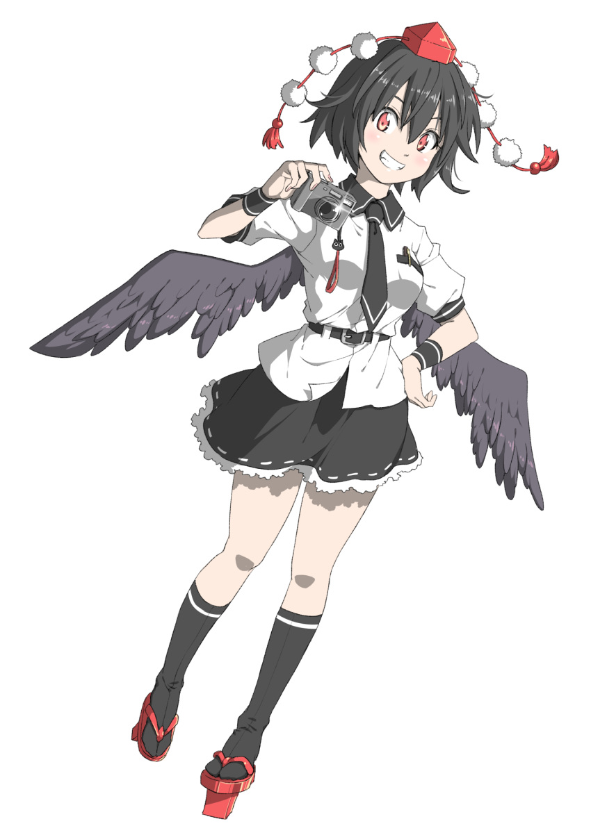 1girl bangs belt black_belt black_hair black_legwear black_neckwear black_skirt black_wings blush breast_pocket breasts camera commentary_request feathered_wings full_body geta glint grin hair_between_eyes hand_on_hip hand_up hat highres holding holding_camera inuno_rakugaki kneehighs looking_at_viewer medium_breasts miniskirt necktie partial_commentary pen petticoat pocket pom_pom_(clothes) puffy_short_sleeves puffy_sleeves red_eyes red_footwear shameimaru_aya short_hair short_sleeves simple_background skirt smile solo tassel tengu-geta thighs tokin_hat touhou white_background wings wristband