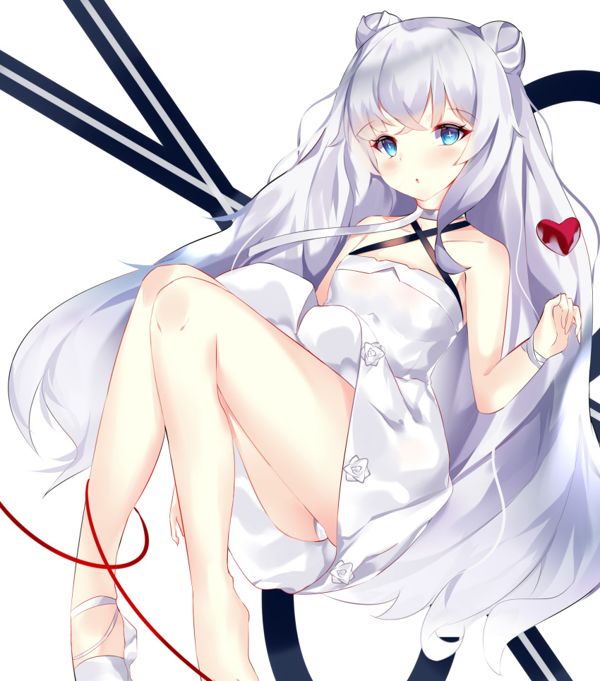 1girl azur_lane bangs blue_eyes chinese_commentary choker commentary_request double_bun dress eyebrows_visible_through_hair feet_out_of_frame halterneck heart highres le_malin_(azur_lane) le_malin_(the_knight's_true_nature)_(azur_lane) long_hair panties pantyshot red_string sidelocks silver_hair solo string sundress underwear user_fmc4383 very_long_hair white_dress white_footwear white_panties