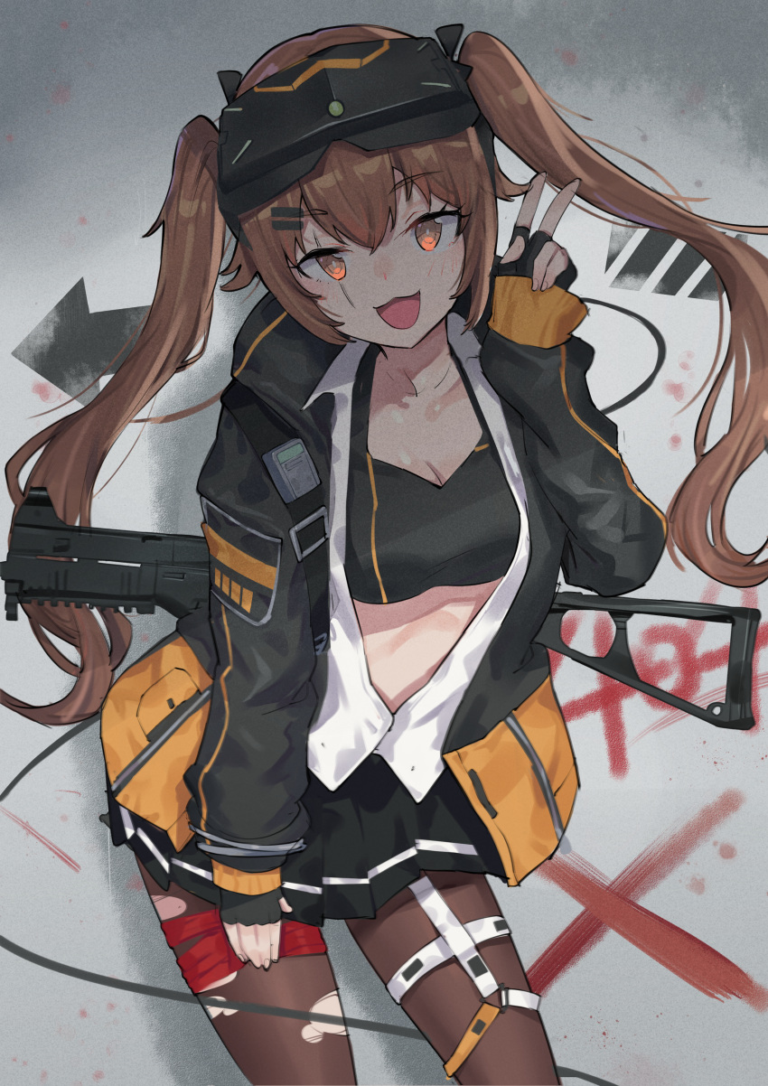 1girl 523_(user_efcm2455) absurdres brown_hair fingerless_gloves girls_frontline gloves goggles goggles_on_head gun h&amp;k_ump highres jacket mod3_(girls_frontline) open_clothes open_jacket open_shirt pantyhose solo sports_bra submachine_gun torn_clothes torn_legwear twintails ump9_(girls_frontline) v weapon