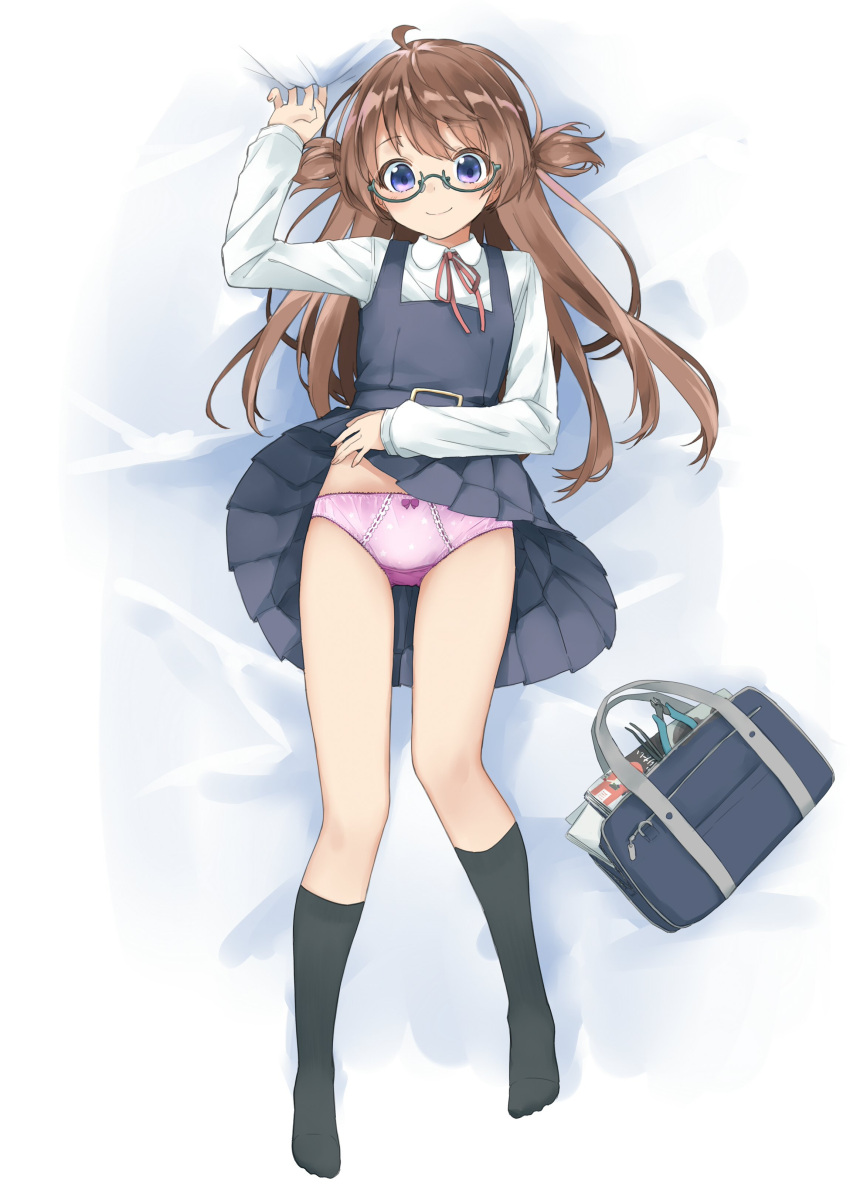 1girl absurdres ahoge amemiya_sekira arm_up bag bangs bed_sheet black_legwear blue_dress blush bow bow_panties brown_hair closed_mouth collared_shirt commentary_request dakimakura dress eyebrows_visible_through_hair full_body glasses green-framed_eyewear highres kneehighs long_hair long_sleeves lying neck_ribbon no_shoes on_back original panties pinafore_dress pink_panties pleated_dress print_panties red_ribbon ribbon ribbon-trimmed_panties school_bag school_uniform sekira_ame semi-rimless_eyewear sheet_grab shirt sleeveless sleeveless_dress sleeves_past_wrists smile solo star star_panties star_print tweezers two_side_up under-rim_eyewear underwear very_long_hair violet_eyes white_shirt