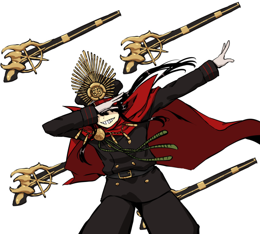 1boy belt belt_buckle black_hair buckle cape dab_(dance) fate/grand_order fate_(series) floating floating_weapon fumafu gloves gun hat highres medium_hair oda_nobunaga_(fate) red_cape shaded_face simple_background smile teeth weapon white_background white_gloves