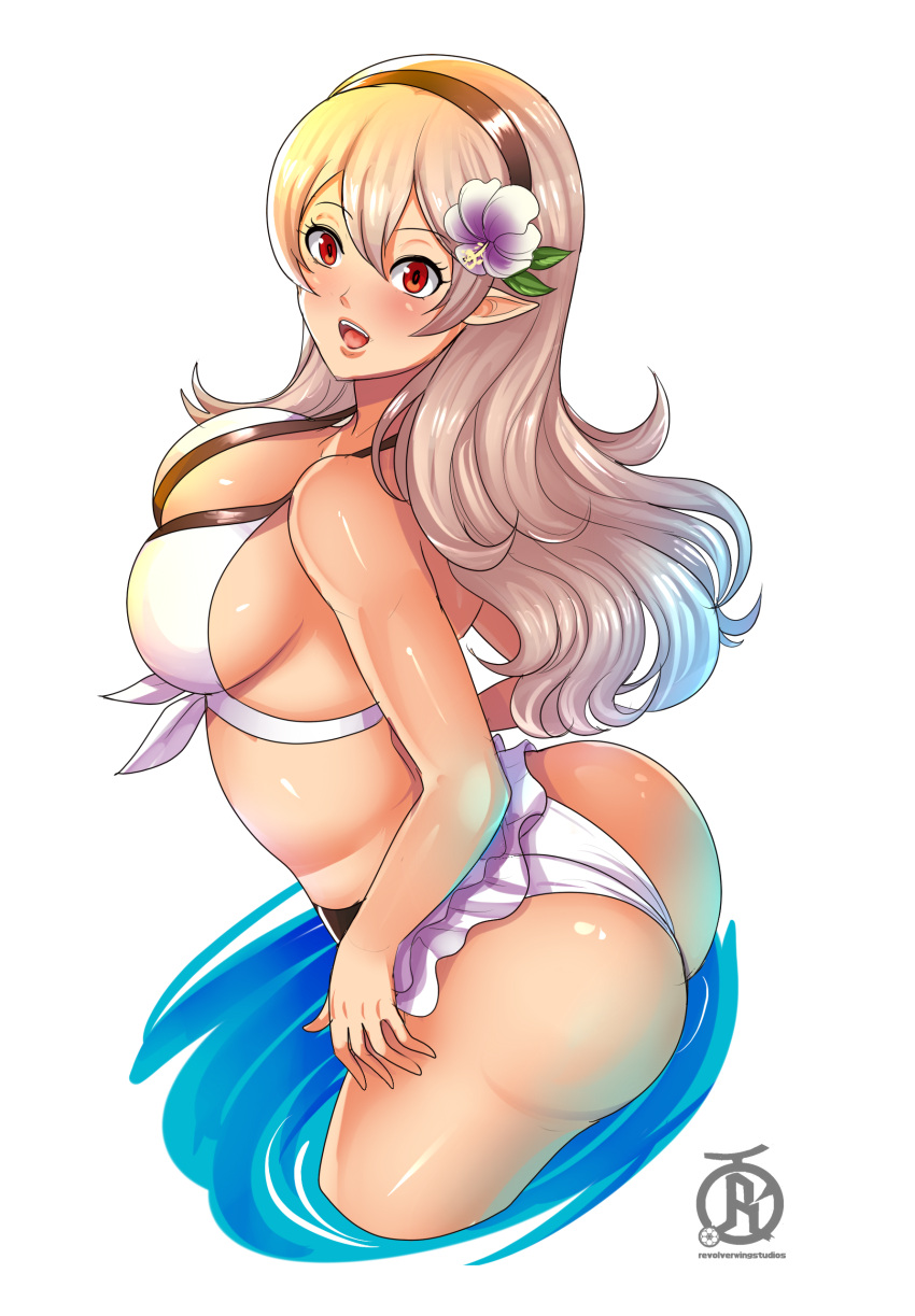 1girl absurdres artist_name ass bikini black_hairband breasts corrin_(fire_emblem) corrin_(fire_emblem)_(female) dragon_girl elf female_my_unit_(fire_emblem_if) fire_emblem fire_emblem_fates fire_emblem_heroes fire_emblem_if flower hair_flower hair_ornament hairband highres intelligent_systems kamui_(fire_emblem) long_hair my_unit_(fire_emblem_if) nintendo open_mouth pointy_ears red_eyes revolverwing sideboob simple_background solo super_smash_bros. swimsuit white_background white_hair