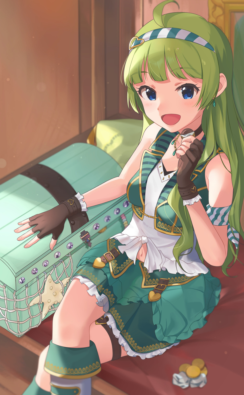 1girl absurdres ahoge bangs black_gloves blush boots breasts chest coin commentary_request earrings eyebrows_visible_through_hair fingerless_gloves gloves green_hair green_skirt hair_ornament hairband heart highres idolmaster idolmaster_million_live! idolmaster_million_live!_theater_days jewelry long_hair looking_at_viewer medium_breasts naijow navel open_mouth shimabara_elena shirt sitting skirt smile solo starfish white_shirt