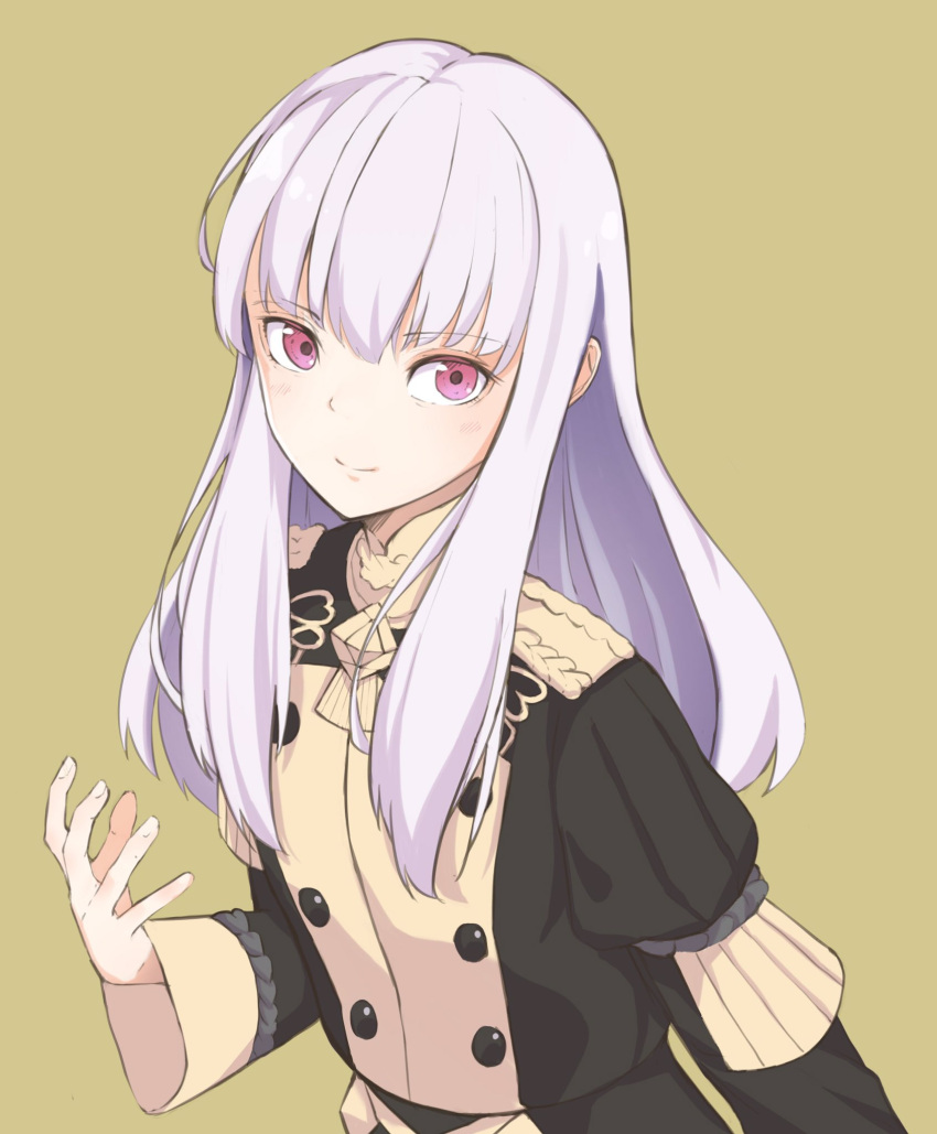 +5cm 1girl closed_mouth epaulettes fire_emblem fire_emblem:_three_houses fire_emblem:_three_houses highres intelligent_systems koei_tecmo long_hair long_sleeves lysithea_von_cordelia nintendo pink_eyes simple_background smile solo uniform upper_body white_hair yellow_background