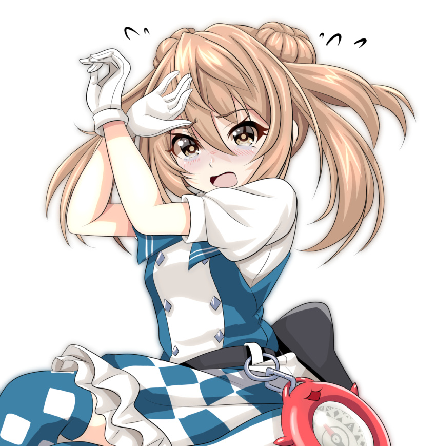 1girl belt black_bow bow brown_eyes checkered checkered_skirt crying crying_with_eyes_open double_bun enemy_lifebuoy_(kantai_collection) gloves hands_up highres kantai_collection light_brown_hair long_hair looking_at_viewer michishio_(kantai_collection) open_mouth short_sleeves simple_background skirt solo tears tk8d32 twintails white_background white_gloves