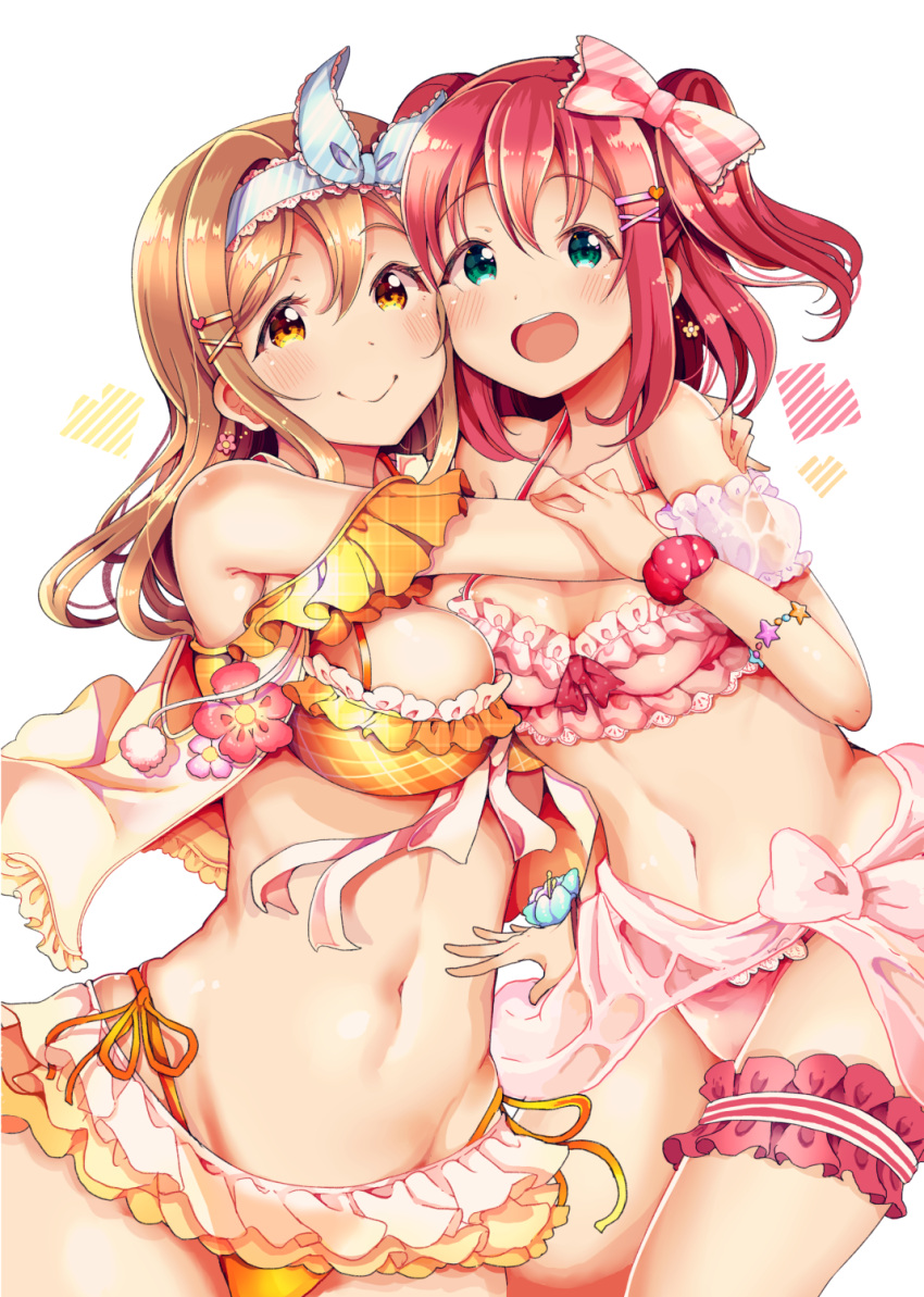 2girls bangs bikini blush bow breast_press breasts brown_hair collarbone frilled_bikini frilled_skirt frills green_eyes hair_bow headband heart highres hug kunikida_hanamaru kurosawa_ruby kuzu_kow large_breasts long_hair love_live! love_live!_sunshine!! multiple_girls navel pink_hair scrunchie side-tie_bikini simple_background skirt small_breasts swimsuit swimwear thick_thighs thighs twintails white_background yellow_eyes