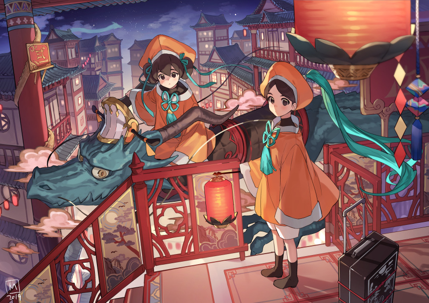 2019 2girls :&lt; absurdres aqua_ribbon architecture bangs brown_eyes brown_hair closed_mouth clouds commentary_request dragon dress east_asian_architecture eastern_dragon eyebrows_visible_through_hair hair_between_eyes hat highres holding lantern long_sleeves looking_at_viewer mansu multiple_girls night night_sky orange_dress orange_headwear original outdoors parted_bangs railing ribbon riding rolling_suitcase signature sky sleeves_past_wrists stairs star_(sky) starry_sky wide_sleeves