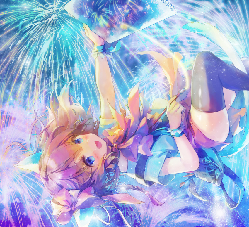 1girl 888myrrh888 :d aerial_fireworks animal_ears bangs between_legs black_legwear blue_eyes blue_shirt blush bow brown_bow brown_hair brown_shorts cat_ears cat_girl cat_tail commentary_request eyebrows_visible_through_hair feet_out_of_frame fireworks hair_between_eyes holding holding_paintbrush knee_up looking_away notepad open_mouth original outstretched_arm paintbrush shirt short_shorts short_sleeves shorts smile solo suspender_shorts suspenders tail tail_between_legs thigh-highs