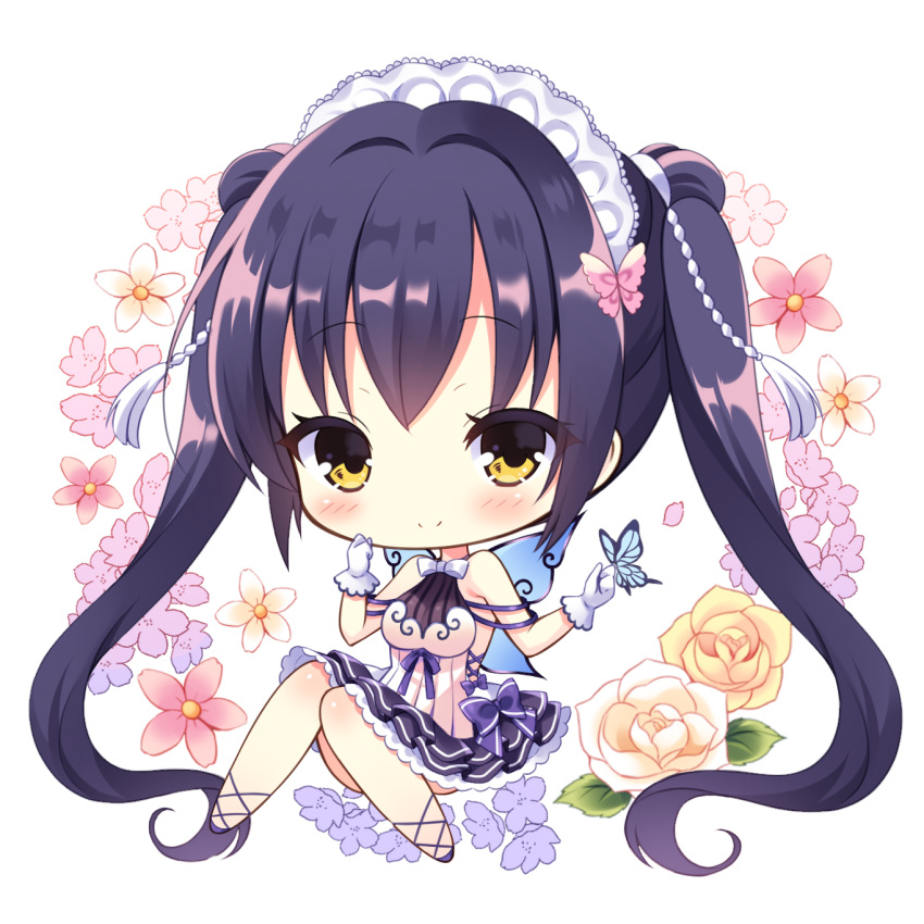 1girl animal animal_on_hand ankle_lace-up bangs bare_shoulders blue_footwear blush butterfly_hair_ornament butterfly_on_finger chibi closed_mouth commentary_request cross-laced_footwear dress eyebrows_visible_through_hair flower full_body gloves hair_between_eyes hair_ornament highres long_hair original purple_flower purple_hair red_flower rose shoes sitting sleeveless sleeveless_dress smile solo tougetsu_hajime twintails very_long_hair white_background white_dress white_flower white_gloves white_rose yellow_eyes yellow_flower yellow_rose