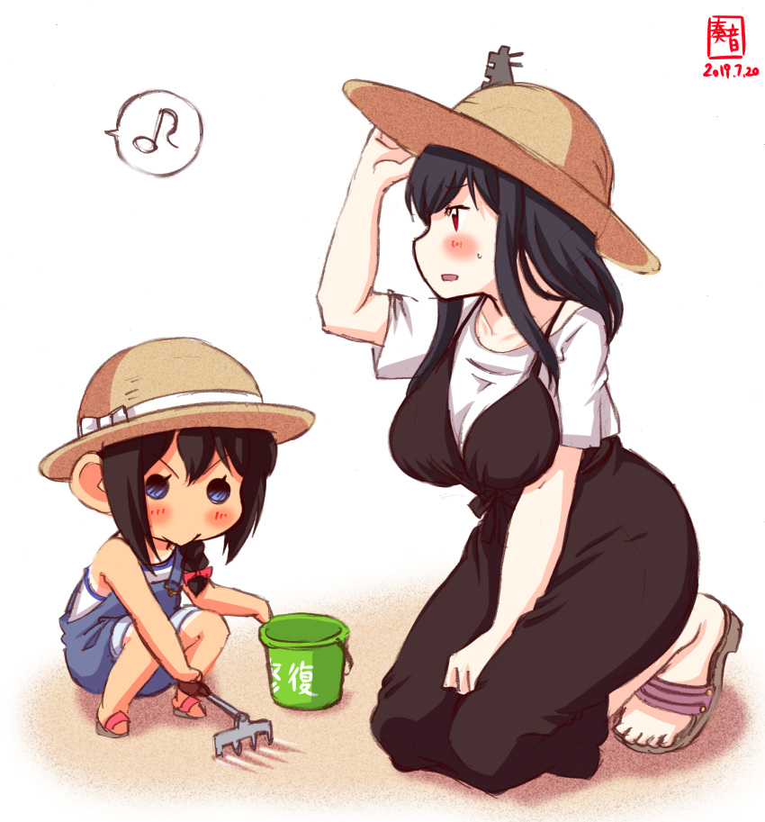2girls :3 alternate_costume artist_logo black_hair blue_eyes bow braid brown_hair bucket commentary_request dated eighth_note hair_bow hair_ornament hat highres kanon_(kurogane_knights) kantai_collection multiple_girls musical_note rake red_bow red_eyes sand sandals shigure_(kantai_collection) shoes short_hair signature single_braid smile speech_bubble spoken_musical_note squatting straw_hat sun_hat tan tanline yamashiro_(kantai_collection)