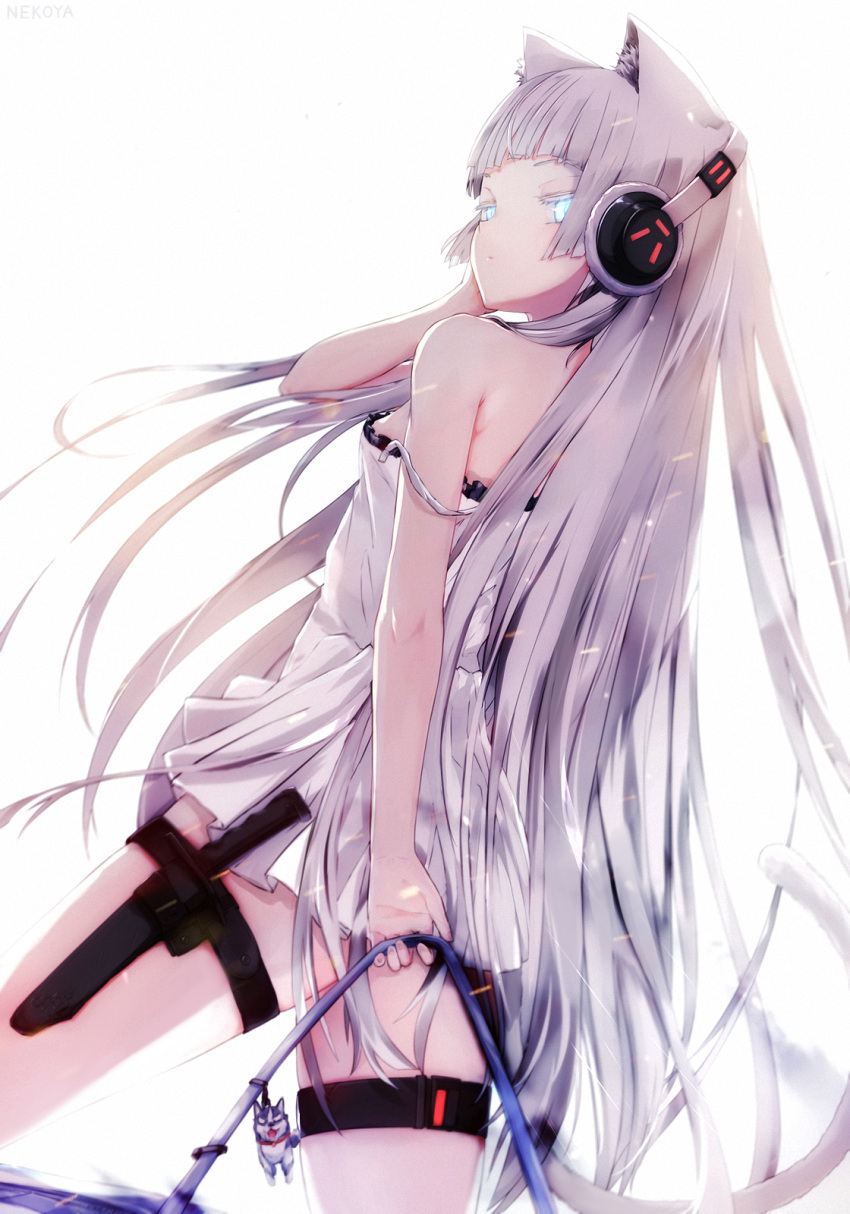 1girl animal_ear_fluff animal_ears awp_(girls_frontline)_(dyolf) bag bag_charm bangs bare_arms bare_shoulders blue_eyes cat_ears charm_(object) colored_eyelashes commentary_request dress dyolf from_behind girls_frontline glowing glowing_eyes hand_up headphones highres holding holding_bag holster knife long_hair original sidelocks silver_hair simple_background solo strap_slip thigh_holster very_long_hair white_background white_dress