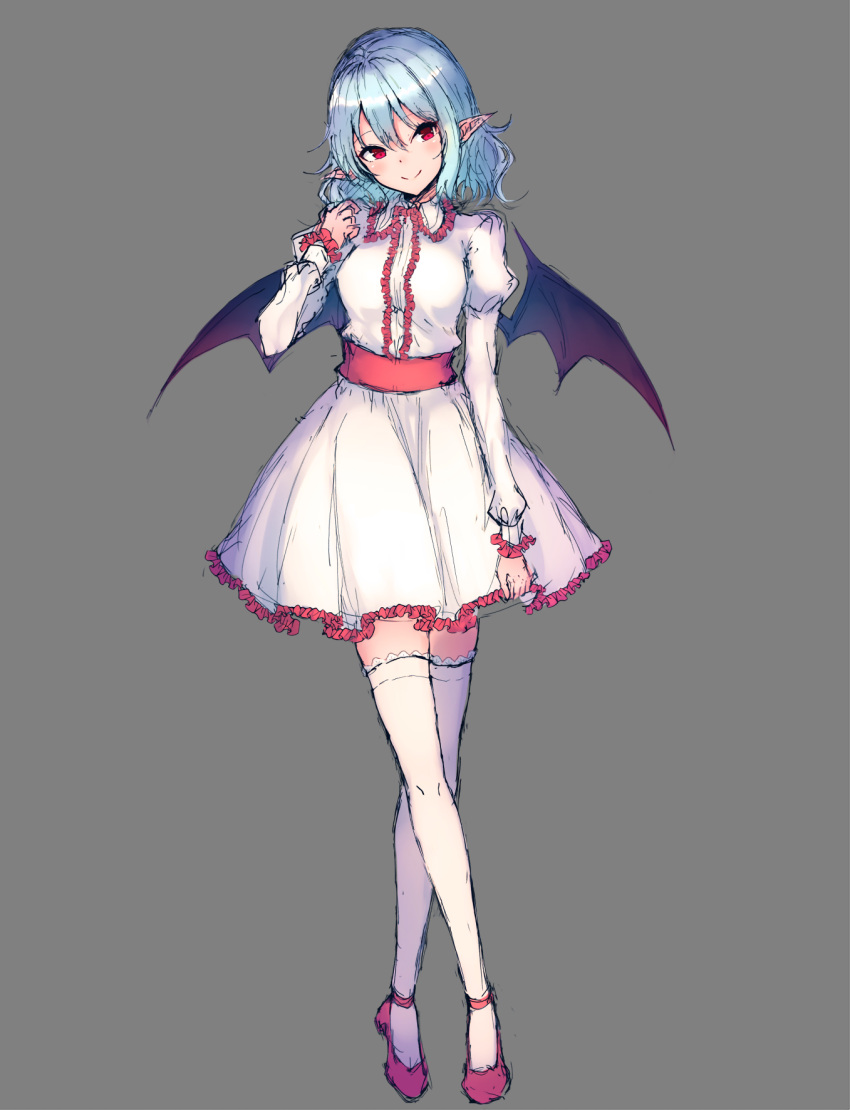 1girl bangs bat_wings blue_hair blush center_frills commentary crossed_legs dress eyebrows_visible_through_hair frilled_shirt_collar frills full_body grey_background hair_between_eyes hand_up head_tilt high_heels highres juliet_sleeves junior27016 long_sleeves looking_at_viewer no_hat no_headwear pointy_ears puffy_sleeves red_eyes red_footwear red_sash remilia_scarlet sash short_dress short_hair sidelocks simple_background sketch smile solo standing thigh-highs touhou white_dress white_legwear wings zettai_ryouiki