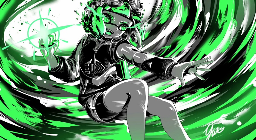 1girl artist_name bangs bike_shorts blunt_bangs clenched_hand commentary_request diffraction_spikes domino_mask fangs frown goggles goggles_on_head green_eyes green_hair green_theme highres inkling jumping logo long_sleeves mask open_mouth paint_splatter partial_commentary pointy_ears print_shirt shirt signature solo splashdown_(splatoon) splatoon_(series) splatoon_2 tentacle_hair yuito_(yuitokobunasbs0) zipper