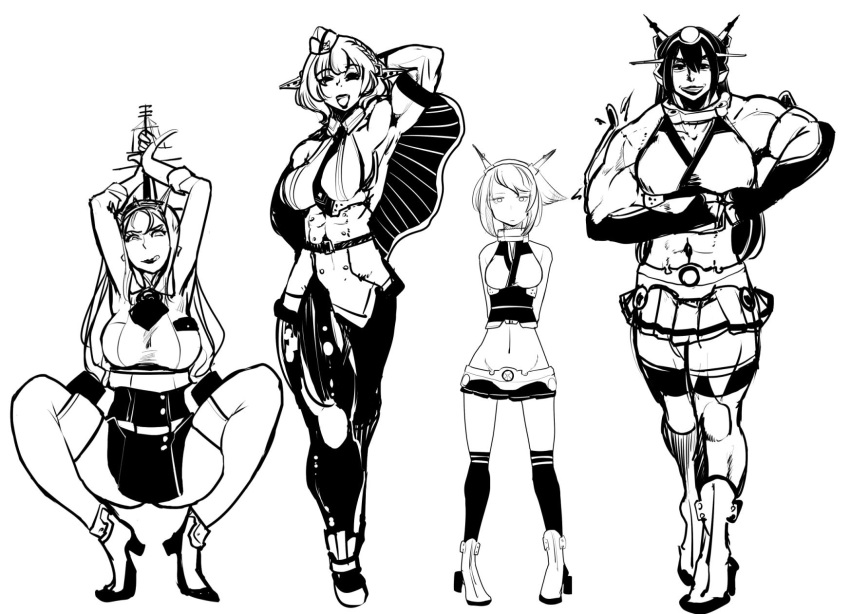 4girls abs bangs braid breasts capelet colorado_(kantai_collection) elbow_gloves full_body garrison_cap gloves greyscale grin hat headgear high_heels highres kantai_collection large_breasts long_hair monochrome multiple_girls muscle muscular_female mutsu_(kantai_collection) nagato_(kantai_collection) necktie nelson_(kantai_collection) open_mouth sakazaki_freddy short_hair simple_background skirt smile standing thigh-highs tongue tongue_out