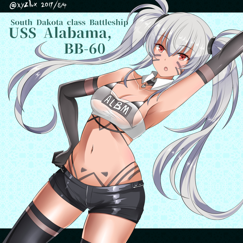 1girl 2019 alabama_(azur_lane) arm_up armpits azur_lane bangs bare_shoulders black_background black_bikini_top black_gloves black_legwear black_panties black_shorts blue_background bodypaint breasts character_name clothes_writing collarbone cowboy_shot dark_skin dated detached_collar elbow_gloves eyebrows_visible_through_hair facepaint gloves hair_between_eyes hair_intakes hand_on_hip heart heart_necklace hebitsukai-san highleg highleg_panties highres long_hair looking_at_viewer medium_breasts native_american navel open_mouth panties red_eyes see-through shiny shiny_hair short_shorts shorts sidelocks silver_hair skindentation solo standing strap_gap strapless thigh-highs thighs tubetop twintails twitter_username two-tone_background underwear wing_collar