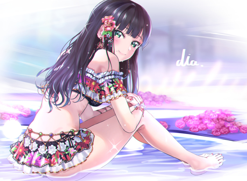 1girl absurdres bangs bare_legs bare_shoulders barefoot bikini black_bikini black_hair blush breasts character_name closed_mouth commentary_request earrings eyebrows_visible_through_hair fingernails floral_print flower green_eyes hair_flower hair_ornament highres hoop_earrings jewelry kurosawa_dia leaning_forward long_hair looking_at_viewer looking_back love_live! love_live!_sunshine!! medium_breasts mole mole_under_mouth nail_polish print_bikini red_flower red_nails red_rose rose shaka_(staito0515) shallow_water smile solo swimsuit toenail_polish toenails