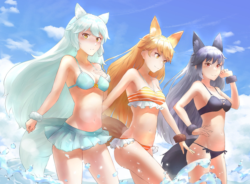 3girls absurdres animal_ears arctic_fox_(kemono_friends) bare_shoulders bikini bikini_skirt black_bikini blonde_hair blue_bikini blue_sky breasts clouds commentary day extra_ears eyebrows_visible_through_hair ezo_red_fox_(kemono_friends) fox_ears fox_tail grey_hair hand_on_hip hand_on_own_chest hand_up highres kemono_friends lichtendamiuntis long_hair medium_breasts multiple_girls navel orange_bikini outdoors red_eyes silver_fox_(kemono_friends) sky smile stomach striped striped_bikini swimsuit tail very_long_hair wading water water_drop white_hair yellow_eyes