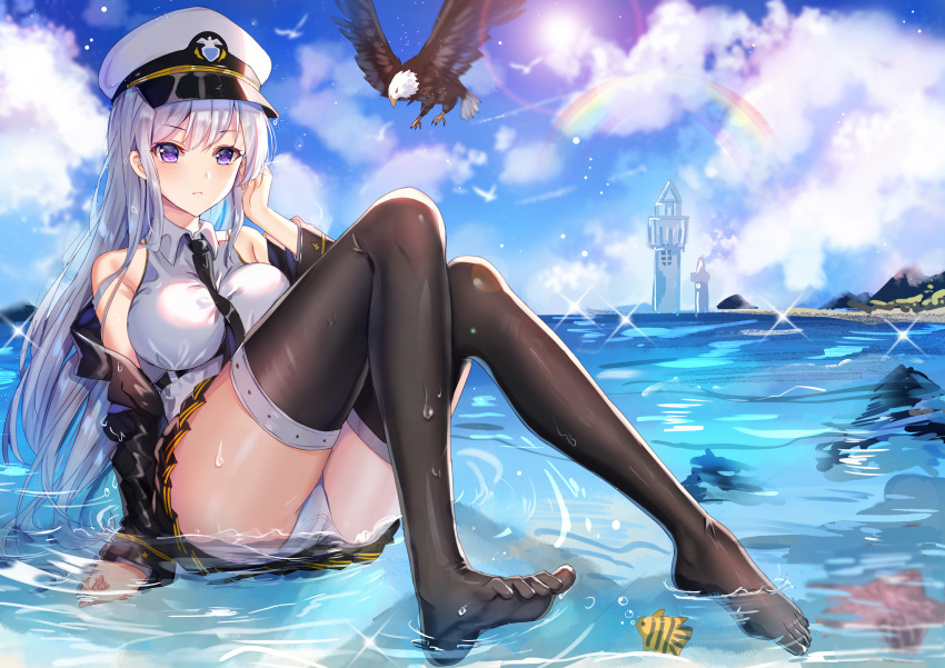1girl absurdres animal arm_support ass azur_lane bare_shoulders bird black_jacket black_legwear black_neckwear black_skirt blue_sky breasts closed_mouth clouds cloudy_sky collared_shirt crotch_seam day eagle enterprise_(azur_lane) expressionless feet fish gejigejier hand_up hat highres jacket knees_up large_breasts lens_flare lighthouse long_hair long_sleeves looking_at_viewer military military_hat military_uniform miniskirt necktie no_shoes off_shoulder outdoors panties peaked_cap pleated_skirt rainbow shirt sidelocks silver_hair skirt sky sleeveless sleeveless_shirt solo starfish sun sunlight thigh-highs underwear uniform violet_eyes water wet wet_clothes white_panties white_shirt