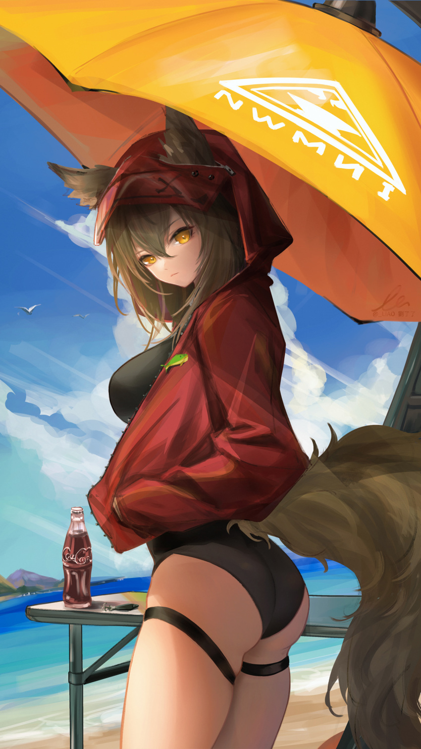 1girl absurdres animal_ears arknights ass bangs beach beach_umbrella black_swimsuit blue_sky bottle breasts brown_hair chinese_commentary closed_mouth clouds commentary_request cowboy_shot day ears_through_headwear eyebrows_visible_through_hair from_behind hair_between_eyes hand_in_pocket highres hood hooded_jacket jacket large_breasts liu_liaoliao long_hair looking_at_viewer official_alternate_costume one-piece_swimsuit open_clothes open_jacket outdoors projekt_red_(arknights) projekt_red_(light_breeze)_(arknights) red_jacket signature sky solo swimsuit table tail thigh-highs thigh_strap twitter_username umbrella wolf_ears wolf_girl wolf_tail yellow_eyes