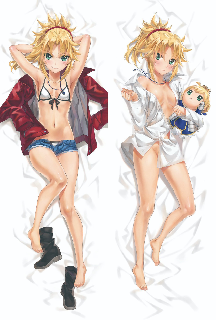 1girl armpits arms_behind_head arms_up artoria_pendragon_(all) bangs bare_shoulders barefoot bikini blonde_hair blush braid breasts closed_mouth collarbone collared_shirt cutoffs dakimakura denim denim_shorts dress_shirt fate/apocrypha fate/stay_night fate_(series) feet french_braid full_body green_eyes hair_ornament hair_scrunchie highres jacket jewelry legs long_hair long_sleeves looking_at_viewer mordred_(fate) mordred_(fate)_(all) naked_shirt navel necklace open_clothes open_jacket parted_bangs ponytail red_jacket red_scrunchie saber scrunchie shirt short_shorts shorts sidelocks small_breasts smile stuffed_toy swimsuit thighs tonee white_bikini white_shirt