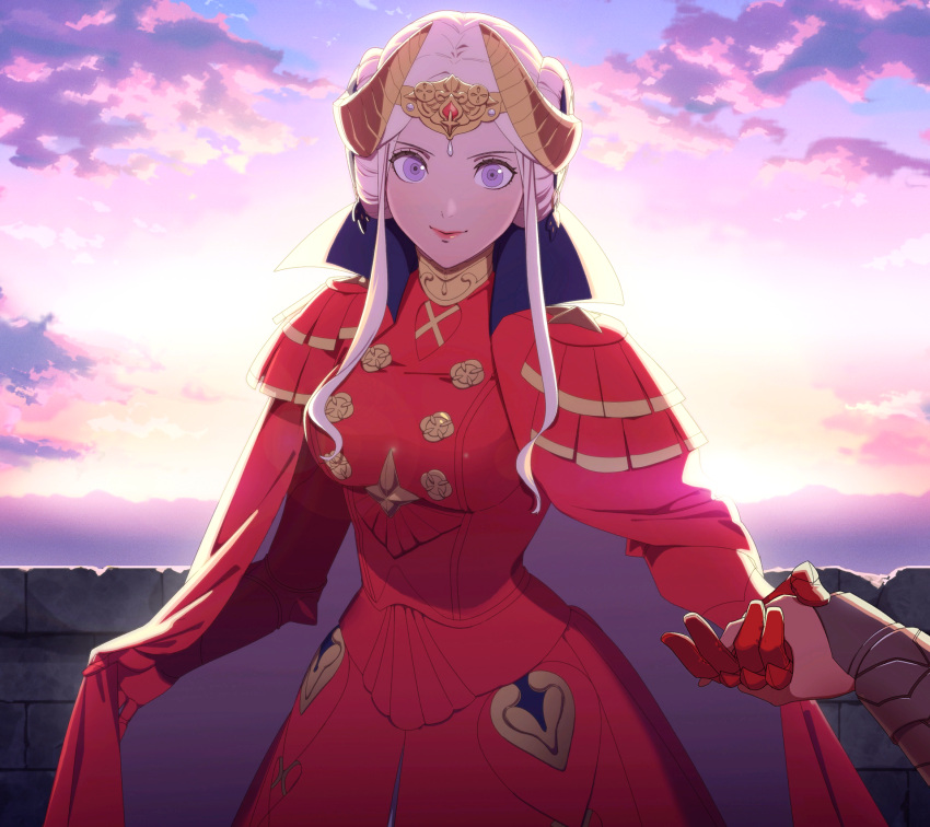 bangs blush breasts byleth_(fire_emblem) byleth_eisner_(female) cape closed_mouth clouds cloudy_sky collar double_bun dress edelgard_von_hresvelg epaulettes fire_emblem fire_emblem:_three_houses game_cg gloves gold_trim highres holding_hands horn_ornament jewelry kurahana_chinatsu large_breasts long_hair looking_at_viewer multiple_girls official_art platinum_blonde_hair sky smile tagme violet_eyes yuri