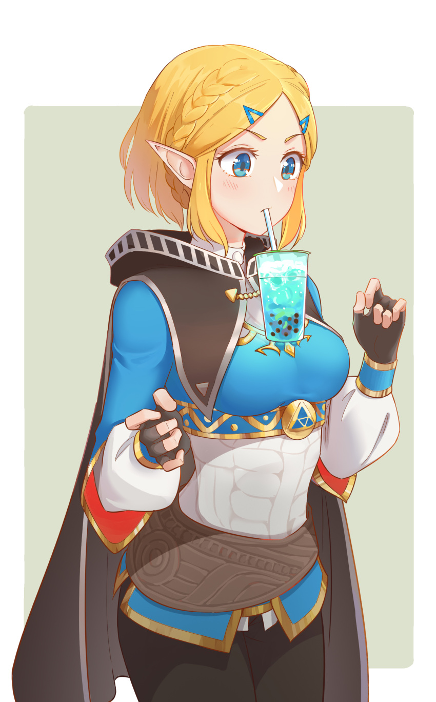 1girl absurdres bangs belt black_cape blonde_hair blue_eyes braid breasts bubble_tea bubble_tea_challenge cape concentrating crown_braid cup drinking drinking_straw drinking_straw_in_mouth english_commentary fingerless_gloves food gloves green_background hair_ornament hairclip highres ice ice_cube le nintendo pointy_ears princess_zelda puffy_sleeves short_hair simple_background small_breasts solo standing the_legend_of_zelda triforce upper_body white_background