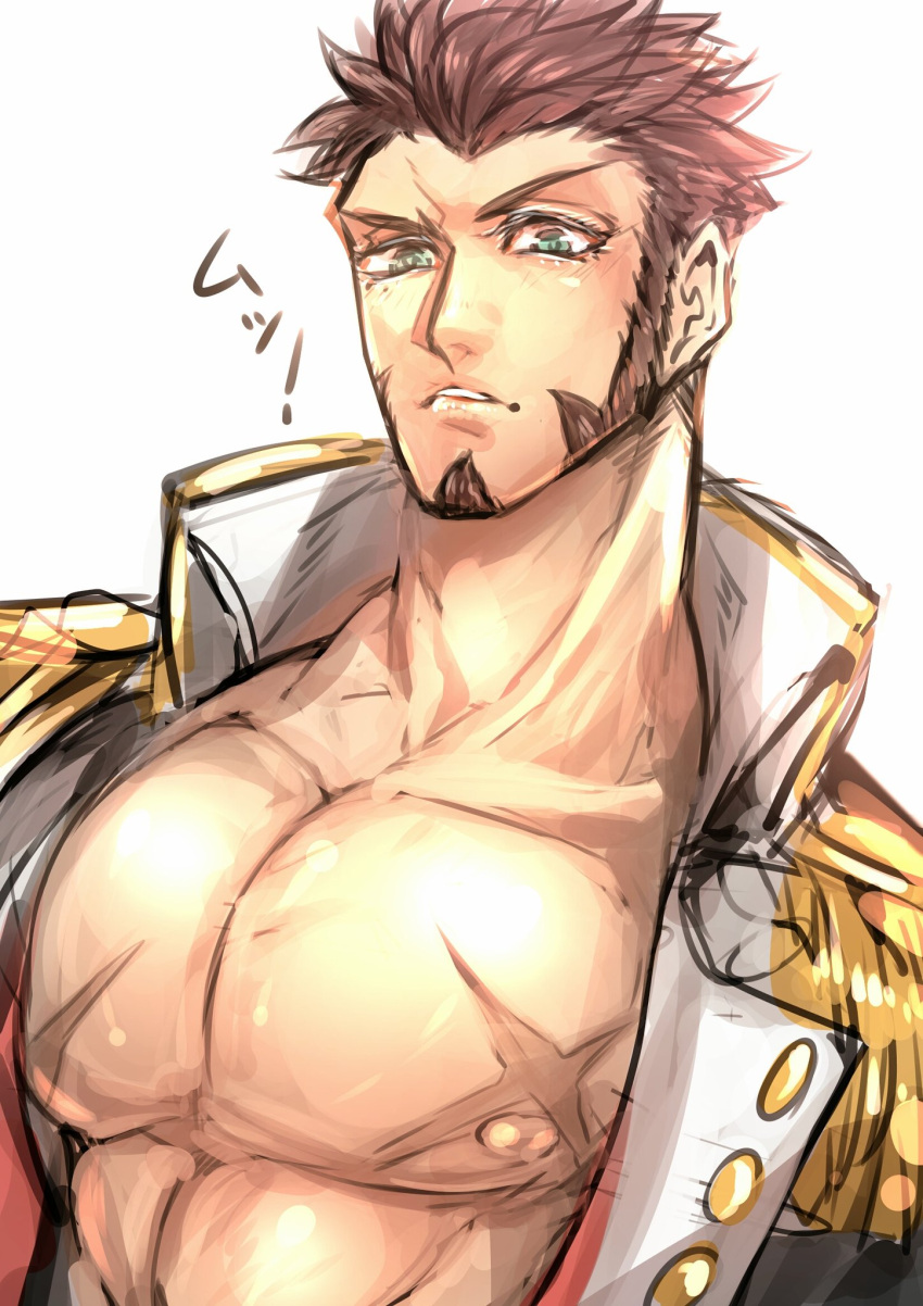 ! 1boy abs bara beard blue_eyes blush brown_hair chest epaulettes facial_hair fate/grand_order fate_(series) highres jacket long_sleeves looking_at_viewer male_focus muscle napoleon_bonaparte_(fate/grand_order) nipples open_clothes open_jacket pectorals raised_eyebrows scar solo translated uniform white_background zuman_(zmnjo1440)