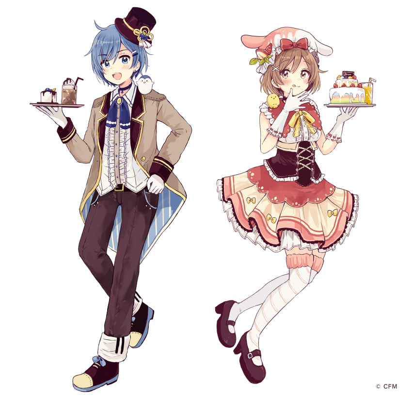 1boy 1girl :d absurdres animal animal_ears animal_hat animal_on_shoulder belt belt_buckle bendy_straw bird black_belt black_footwear blue_eyes blue_hair blue_neckwear blush bow breasts brown_eyes brown_footwear brown_hair brown_headwear brown_jacket brown_pants brown_skirt buckle bunny_hat cake center_frills chick closed_mouth collared_shirt cup diagonal_stripes dress_shirt drinking_glass drinking_straw fake_animal_ears food frills gloves hand_up hat highres holding holding_plate jacket kaito long_sleeves looking_at_viewer mary_janes meiko mini_hat mini_top_hat mismatched_legwear open_clothes open_jacket open_mouth pants penguin plate pleated_skirt pudding rabbit_ears red_bow sakura_oriko shirt shoes short_hair simple_background skirt small_breasts smile striped thigh-highs tilted_headwear tongue tongue_out top_hat under_boob upper_teeth vocaloid watermark white_background white_gloves white_legwear white_shirt yellow_bow